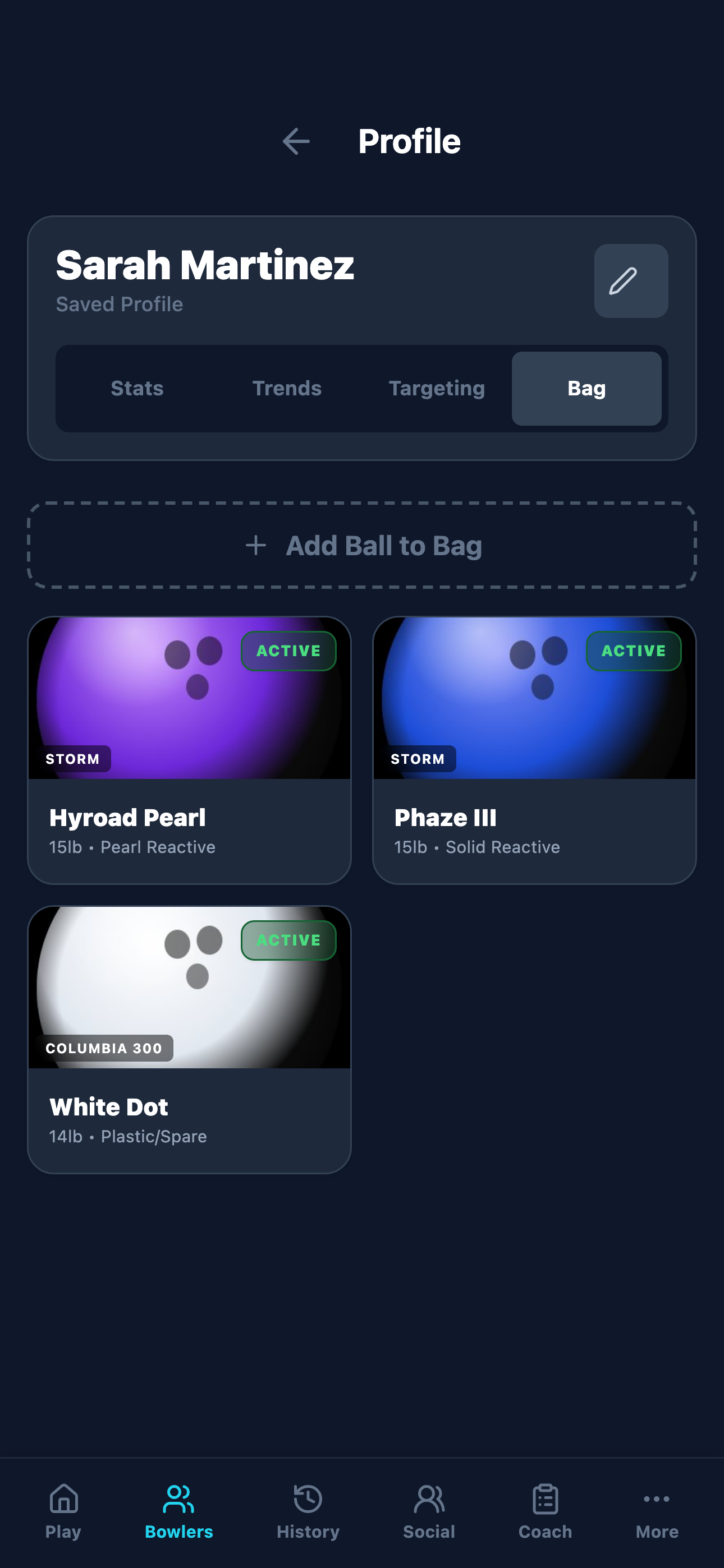 Ball bag with equipment photos and stats