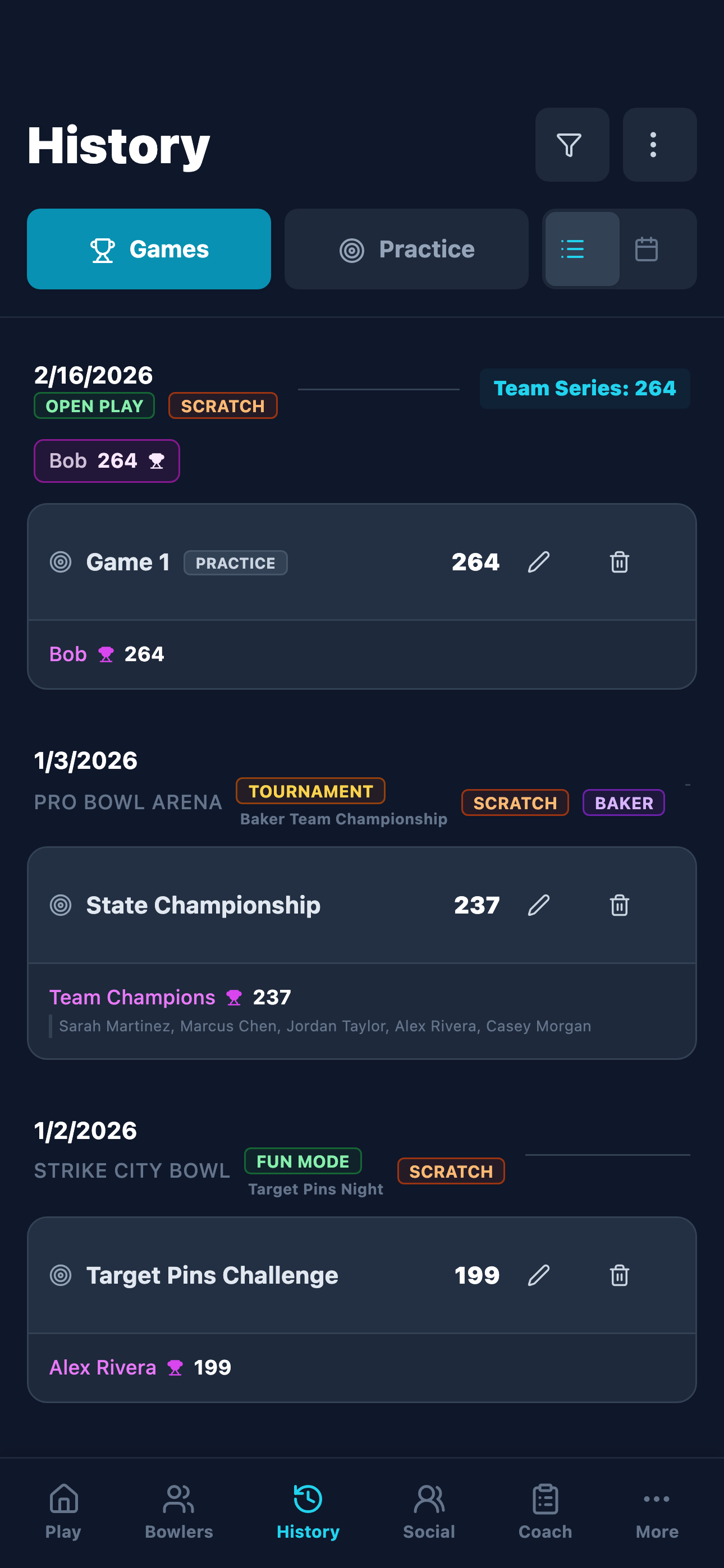 Game history with calendar view