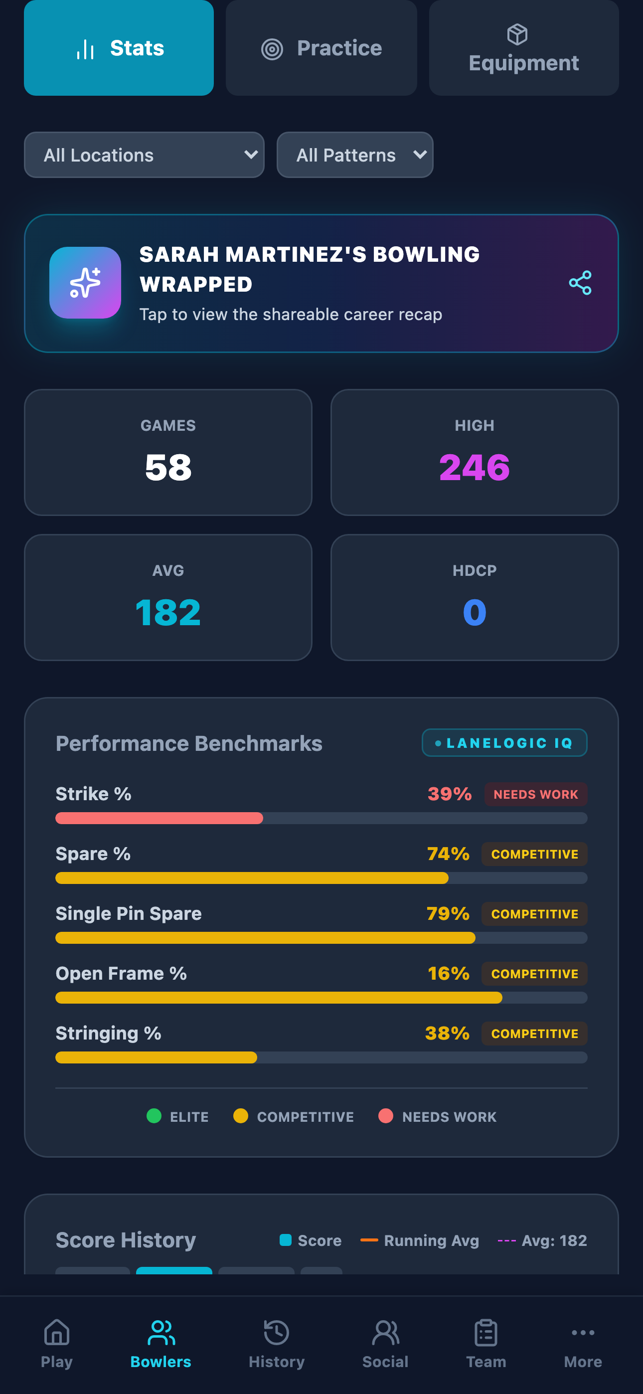 Performance Benchmarks card with Strike, Spare, and Stringing percentages graded against tiers